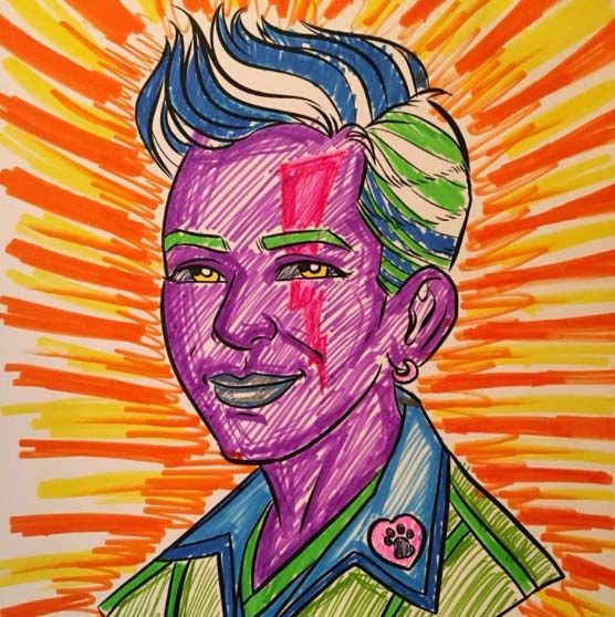 An illustration of Jess Mitchell, with short blue, yellow and green hair, a green collared shirt, and an orange lightning bolt across her face in the style of David Bowie.